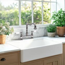 PB Nostalgische Brugkeukenkraan Chroom haakse uitloop met witte hendels PBN.CHR.H.WH