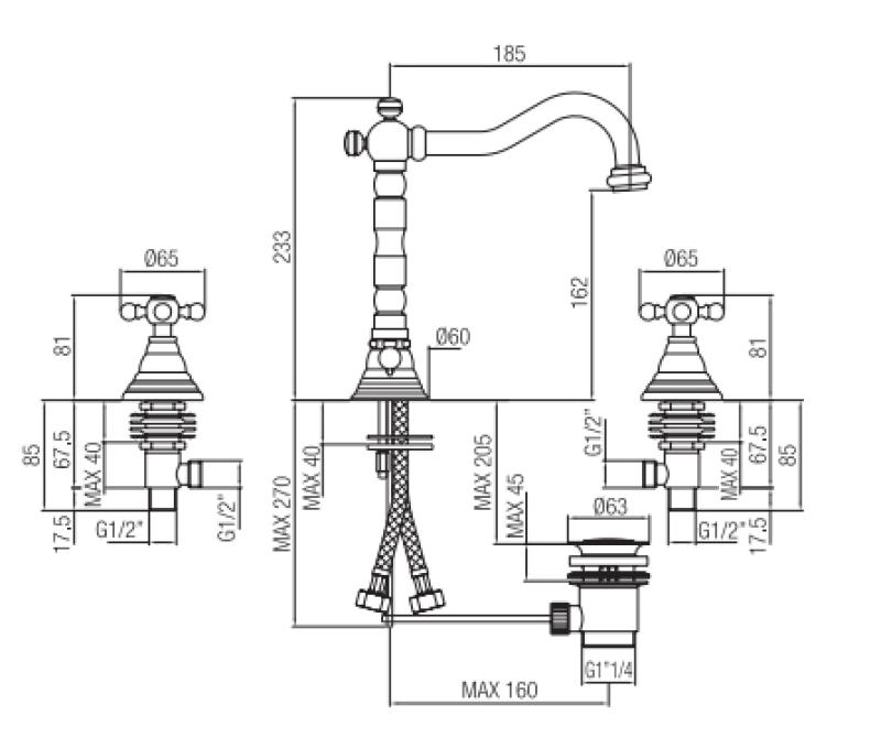 PB klassieke 3 gats wastafelkraan sterknoppen uitloop 18,5 cm Brons 1208854942
