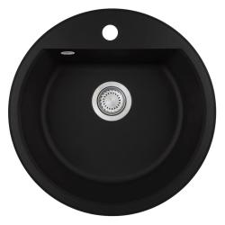 GraniteMy Bremen ronde granieten spoelbak 43 cm zwart opbouw en onderbouw met kraangatbank met rvs plug 1208953206