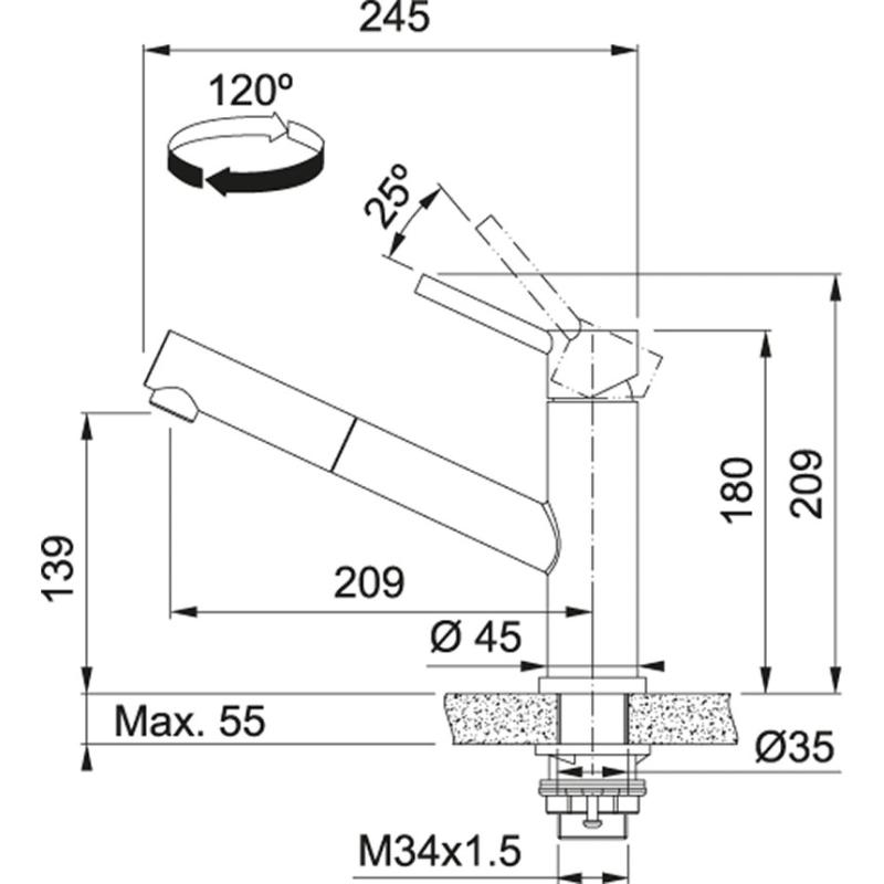 Franke Orbit massief rvs lage Keukenkraan met uittrekbare uitloop inox 115.0569.461