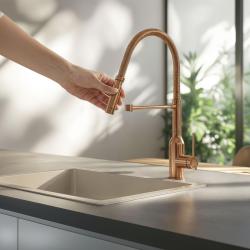 Quadri Stamford hoge keukenmengkraan met flexibele uitloop PVD geborsteld koper 1208956078