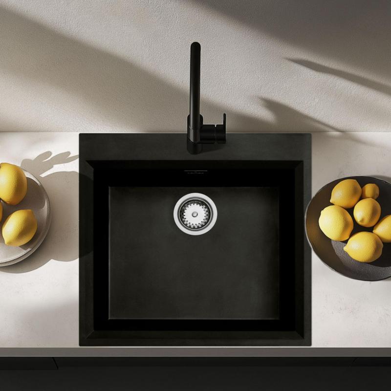 Zwarte opbouw spoelbak 58x53cm met kraangatbank met rvs plug 1208956732