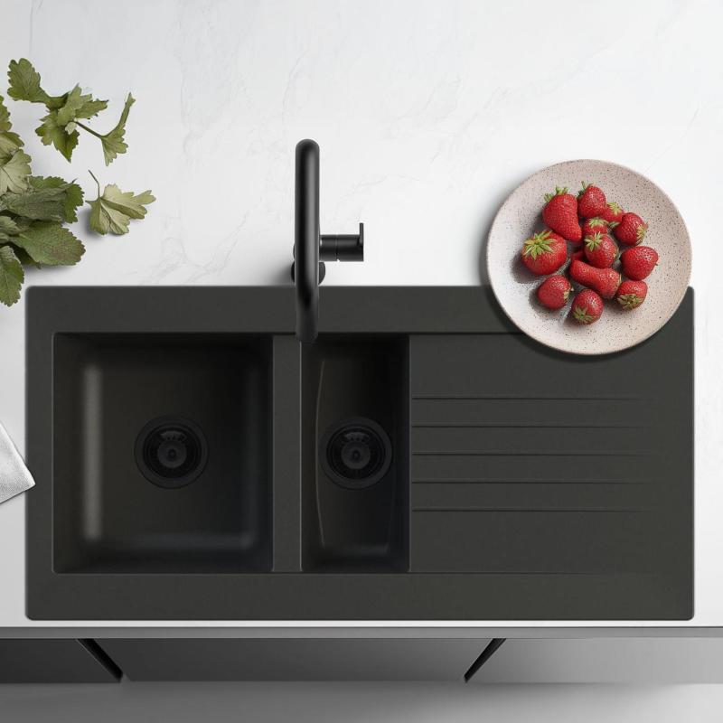 Ausmann Fibre 1,5 zwarte kunststof spoelbak omkeerbaar met afdruip opbouw 100x50 cm met zwarte plug 1208956784