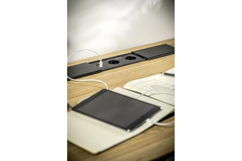 PRESTINO recessed desktop extension cable, 2x schuko socket, USB A+C, RJ45, HDMI, cable 1.5m, silver 1208958676