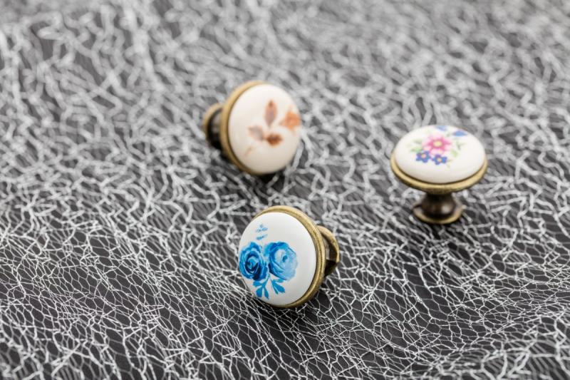 Porcelain knob J4 antique brass R-pink flower 1208959153