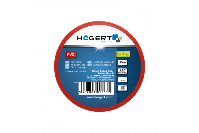 Hoegert Isolatietape 0,13 mm x 19 mm x 20 m rood 1208959568