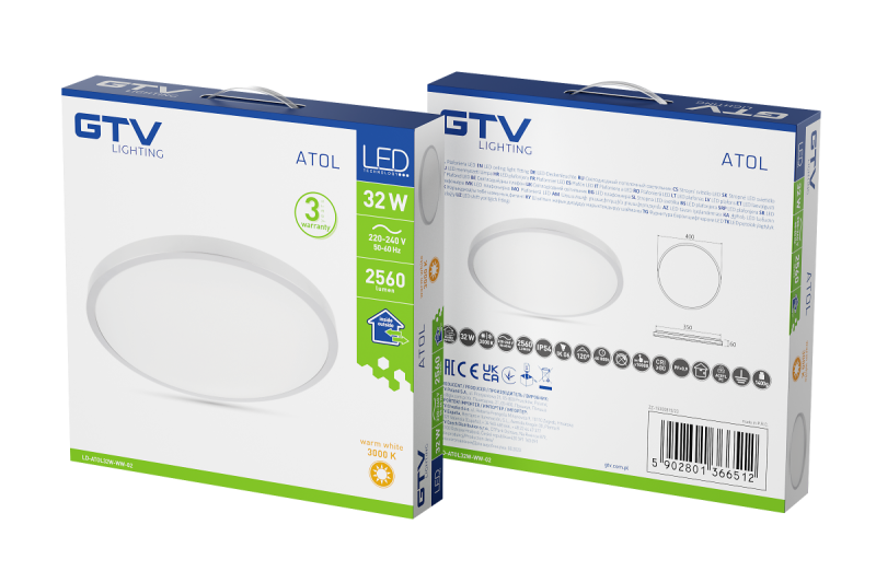 Ceiling lamp ATOL LED, Ø400mm, 3000K, 32W, 2560lm, AC220-240V, 50/60 Hz, PF>0,9, IP54, silver, 3y 1208962646
