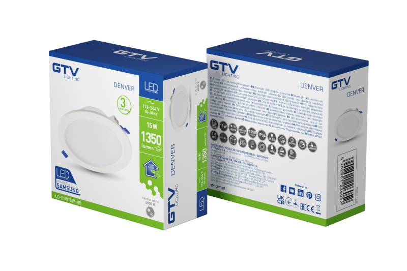 DENVER LED downlight, IP54, 15W, 1350lm, AC176-264V, 50/60Hz, 120°, 4000K, recessed, white 1208962726