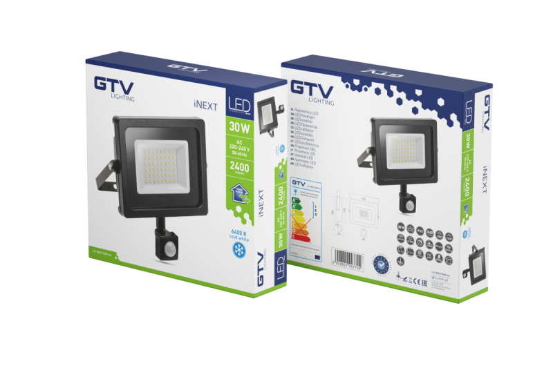 LED floodlight iNEXT with motion sensor 30W 2400lm, PF>0,9, RA>80, IP65, 120°, 6400K, black body 1208962860