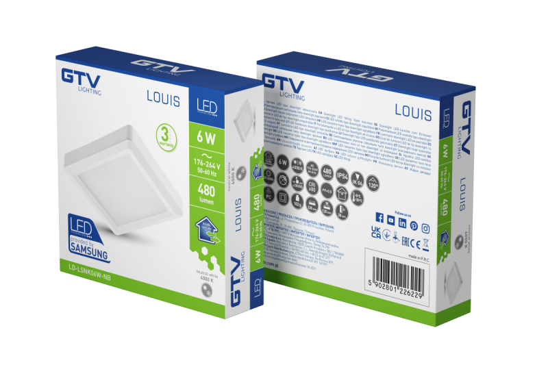 LOUIS LED downlight, IP54, 6W, 480lm, AC176-264V, 50/60Hz, 120°, 4000K, surface-mounted, square 1208962919