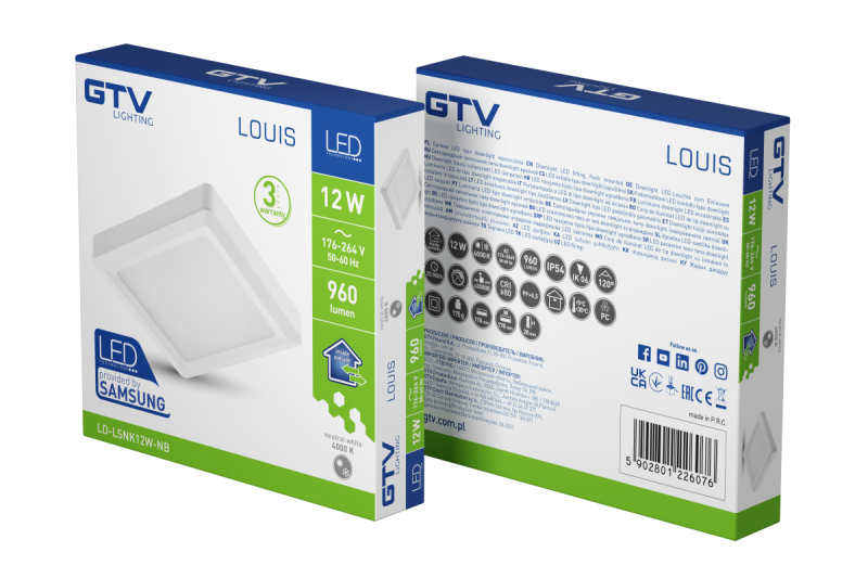 LOUIS LED downlight, IP54, 12W, 960lm, AC176-264V, 50/60Hz, 120°,4000K, surface-mounted, square 1208962920