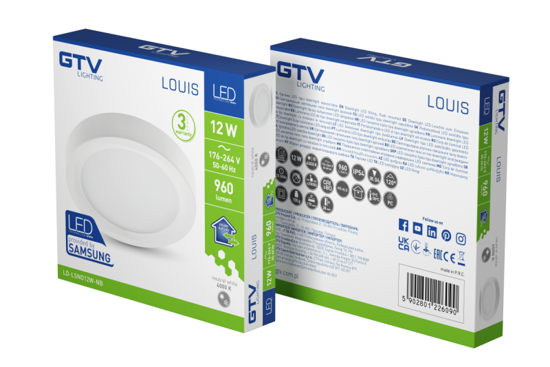 LOUIS LED downlight, IP54, 12W, 960lm, AC176-264V, 50/60Hz, 120°, 4000K, surface-mounted, circular 1208962923