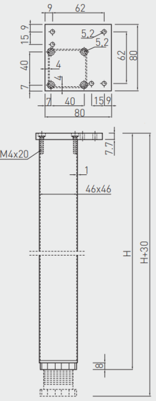 Vierkante 46mm aluminium tafelpoot 71cm hoog + 3cm in hoogte verstelbaar 1208963487