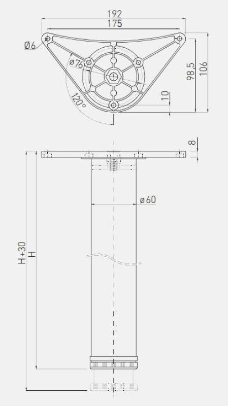 Tafelpoot rond zwart 110cm hoog verstelbaar 3cm met poot diameter 6cm 1208963591