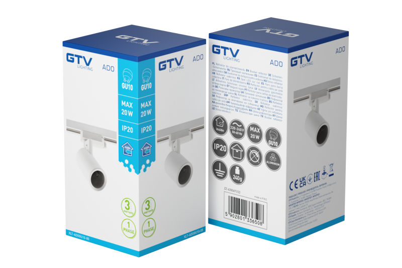 Luminaire for 1-phase busbar, ADO, GU10, max.20W, AC220-240V, 50/60Hz, IP20, white 1208966646