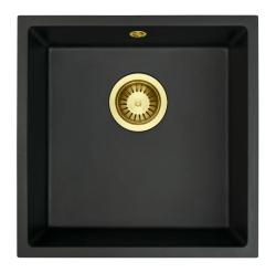GraniteMy Universal granieten zwarte spoelbak 40x40 cm zwart opbouw onderbouw en vlakinbouw met gouden plug 1208967113