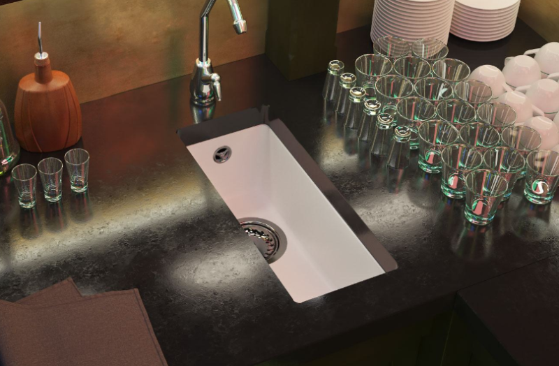 GraniteMy Universal granieten witte kleine spoelbak 17x40 cm wit opbouw onderbouw en vlakinbouw met zwarte plug 1208967136