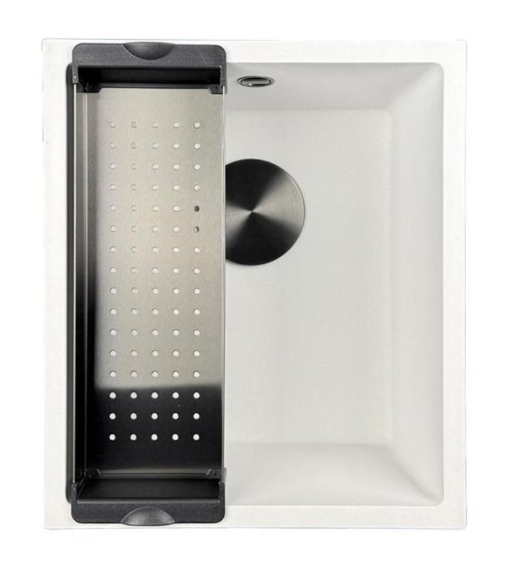 GraniteMy Universal granieten witte spoelbak 34x40 cm wit opbouw onderbouw en vlakinbouw met zwarte plug 1208967147