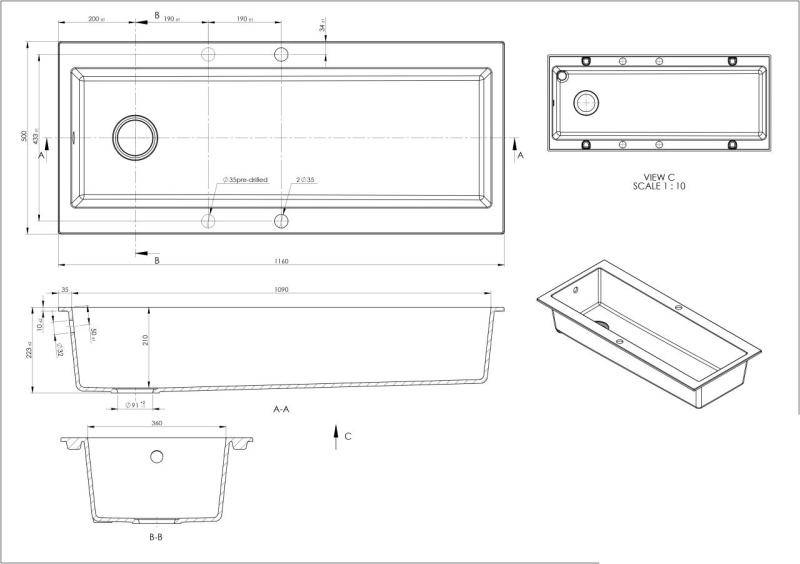 GraniteMy Trog granieten hele grote zwarte spoelbak 116x50 cm zwart opbouw met kraangatbank met gouden plug 1208967239
