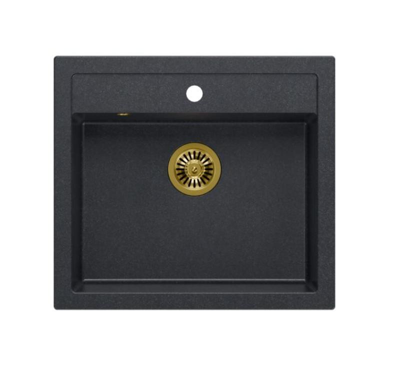 Quadri Farmhouse landelijke tussen of opbouw granieten spoelbak antracite met gouden plug 595x540mm 1208967267