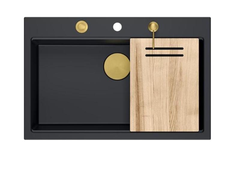 Quadri Hard Rock mat zwarte granieten opbouw grote spoelbak 76x50cm inclusief gouden plug en accessoires 1208967277