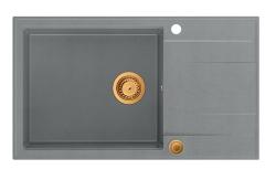 Quadri Luton grijs granieten grote opbouw spoelbak met afdruipvlak omkeerbaar 86x50cm met koper plug 1208967331