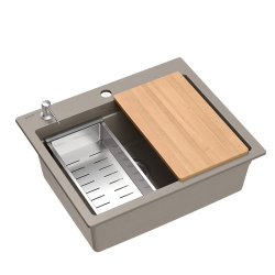 Quadri Durham taupe graniet opbouw spoelbak 595x500 met zeepdispenser, snijplank, inzetbak en rolmat 1208967376
