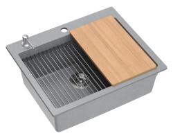 Quadri Durham grijs graniet opbouw spoelbak 595x500 met zeepdispenser, snijplank, inzetbak en rolmat 1208967378