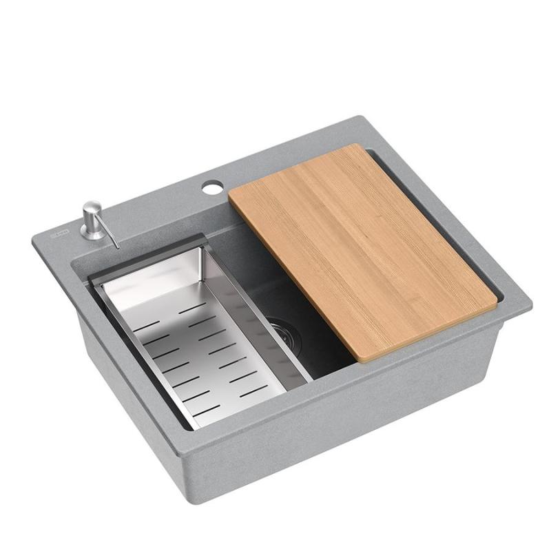 Quadri Durham grijs graniet opbouw spoelbak 595x500 met zeepdispenser, snijplank, inzetbak en rolmat 1208967378