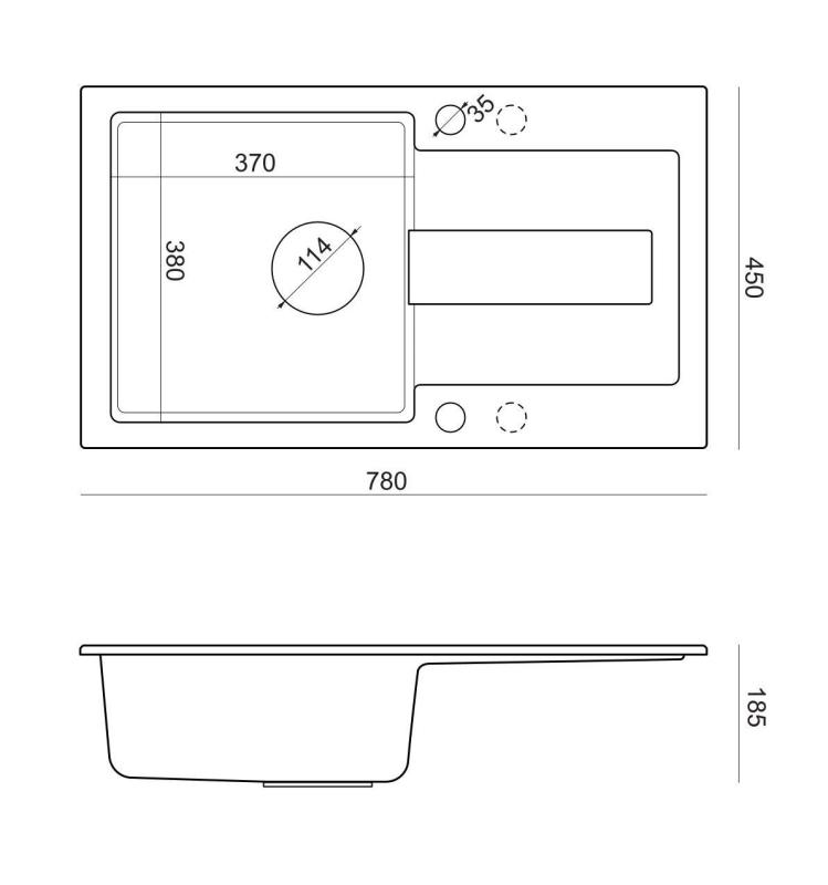 Quadri Sutton antraciet granieten opbouw spoelbak 78x45cm  met afdruipvlak omkeerbaar met zwart plug 1208967495
