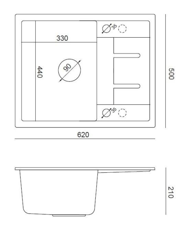 Quadri Dalton wit granieten opbouw spoelbak met afdruipvlak 62x50cm met koperen plug 1208967575
