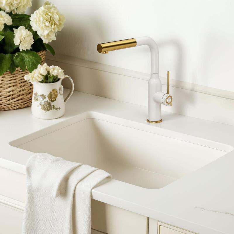 Quadri Stamford Keukenmengkraan Wit met PVD Gouden Afwerking en Uitneembare Uitloop 1208967686