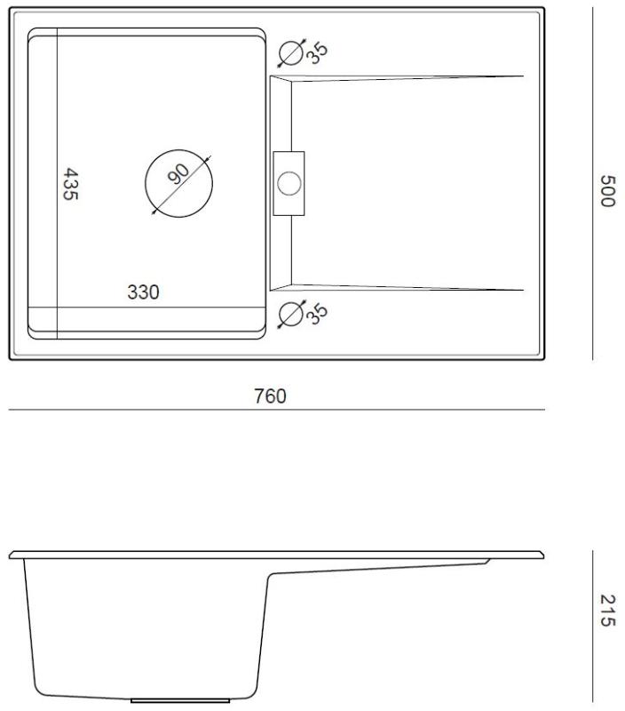 Quadri Minton Granieten Opbouw Grijze Spoelbak 76x50cm met Afdruip Omkeerbaar en Koperen Plug - 1208967743