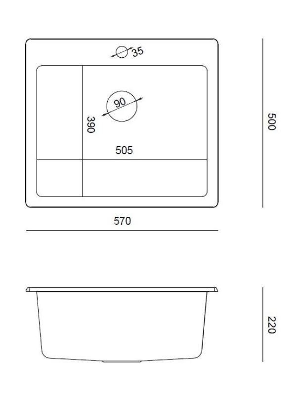 Quadri Sheffield Antraciet Granieten Opbouw of Vlakinbouw Spoelbak 57x50 cm met Kraangatbank en Koperen Plug - 1208967814