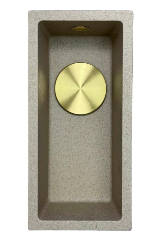 GraniteMy Universal granieten beige zand kleine spoelbak 17x40 cm opbouw onderbouw en vlakinbouw met gouden plug 1208968003