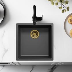 Zwarte spoelbak 40x40cm onderbouw opbouw en vlakbouw met gouden plug 1208968034