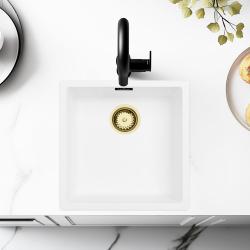 Witte Spoelbak 40x40 cm Onderbouw, Opbouw en Vlakinbouw met Gouden Plug 1208970537