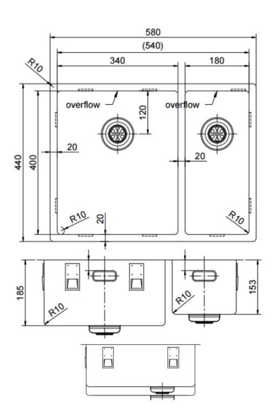 Pure.Sink Exclusivo Gouden 1,5 anderhalve spoelbak 34+18 cm 10mm radius PEX341840-60