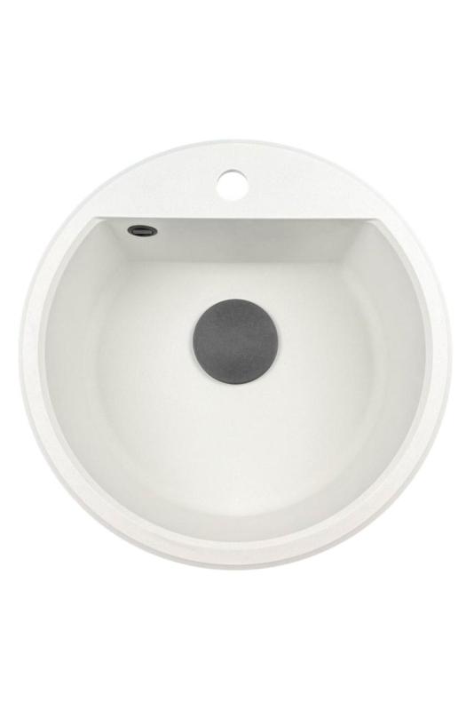 GraniteMy Bremen ronde granieten spoelbak 43 cm wit opbouw en onderbouw met kraangatbank met zwarte plug 1208971312