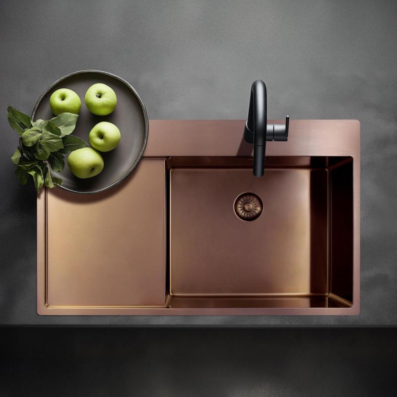 Pure.Sink Exclusivo Koperen spoelbak met afdruipgedeelte 86x52 cm Tapwing rechts PEX5086RT-62
