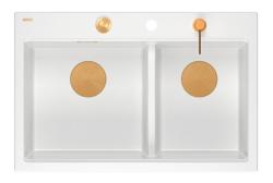 Quadri Hard Rock Dubbele Witte Graniet Opbouw Spoelbak 76 x 50 cm met Koperen plug en accessoires 1208971357