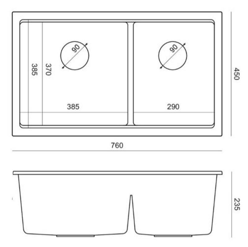 Quadri Newport II Dubbele Zwarte Graniet Opbouw Spoelbak 76x45 cm met Koperen plug 1208971361