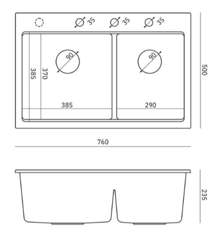 Quadri Hard Rock Dubbele Antraciet Graniet Opbouw Spoelbak 76x50 cm met Gouden plug en accessoires 1208971393