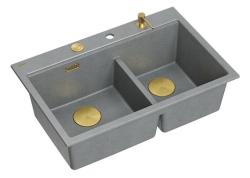 Quadri Hard Rock Dubbele Grijze Graniet Opbouw Spoelbak 76x50 cm met Gouden plug en accessoires 1208971394