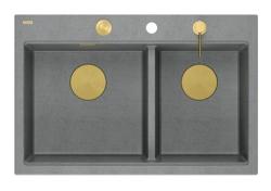 Quadri Hard Rock Dubbele Grijze Graniet Opbouw Spoelbak 76x50 cm met Gouden plug en accessoires 1208971394