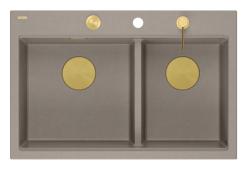 Quadri Hard Rock Dubbele Taupe Graniet Opbouw Spoelbak 76x50 cm met Gouden plug en accessoires 1208971396