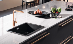 Ausmann Ceramic Ember Keramische Mat Zwarte Vierkant  Spoelbak Opbouw en Onderbouw 40 x 40 cm met Gouden  plug 1208971486