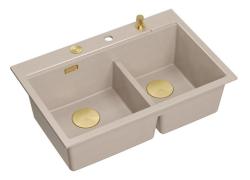 Quadri Hard Rock Dubbele Beige Graniet Opbouw Spoelbak 76x50 cm met Gouden plug en accessoires 1208971663