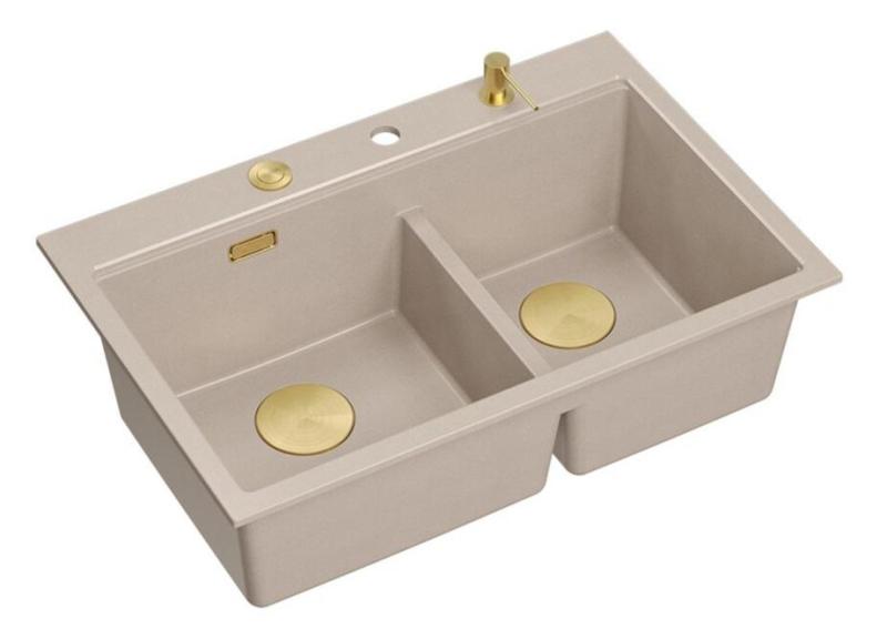 Quadri Hard Rock Dubbele Beige Graniet Opbouw Spoelbak 76x50 cm met Gouden plug en accessoires 1208971663