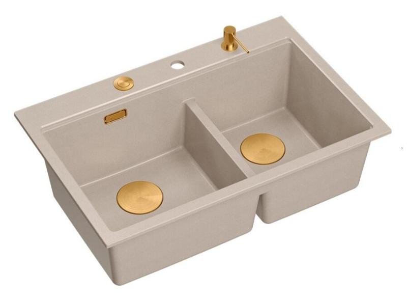 Quadri Hard Rock Dubbele Beige Graniet Opbouw Spoelbak 76x50 cm met Koperen plug en accessoires 1208971726